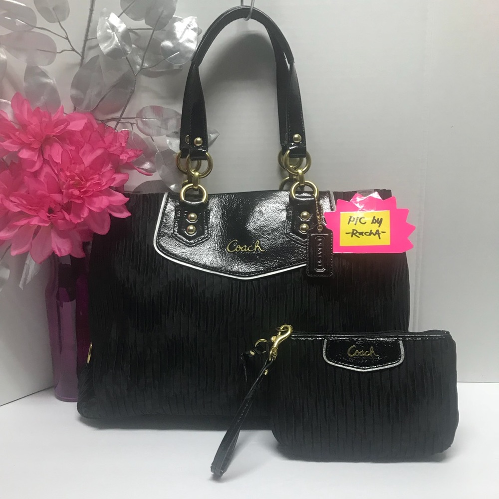 Coach Ashley 20050 Black Gathered Satin Purse Handbag & Wristlet SET